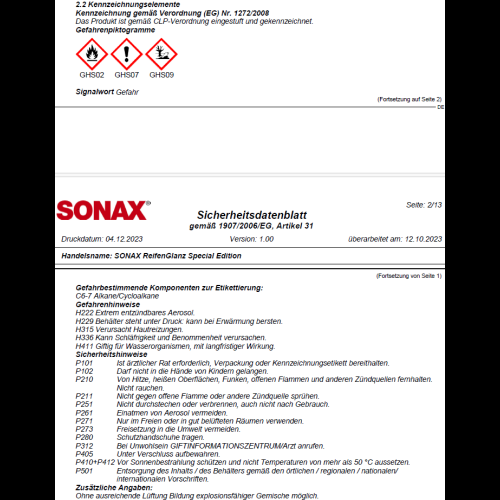 2x SONAX 500ml REIFEN GLANZ SPECIAL EDITION REIFENPFLEGE GUMMIPFLEGE 04344000