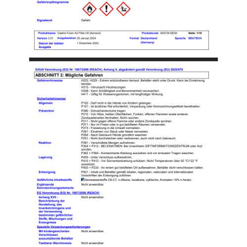 Castrol Luftfilter&ouml;l f&uuml;r Schaumstoff Luftfilter 400ml 15513D