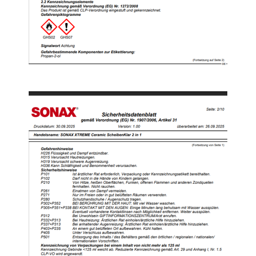 SONAX 750ml XTREME CERAMIC SCHEIBENKLAR 2 in 1 VERSIEGELUNG SCHEIBENREINIGER