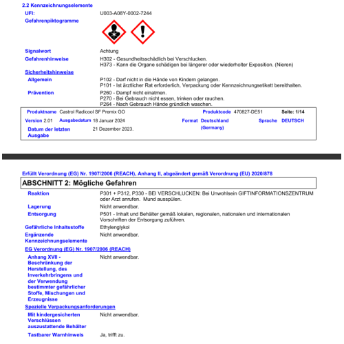 Castrol Radicool SF Premix Go K&uuml;hlerfrostschutz -38 C gebrauchsfertig 1 Liter