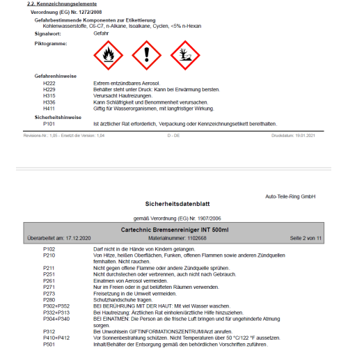 Cartechnic Bremsenreiniger Spraydose Entfetter Reiniger r&uuml;ckstandsfrei 500ml