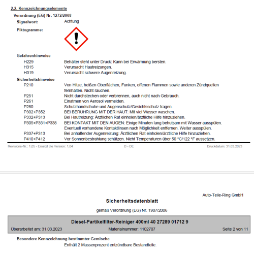 Dieselpartikelfilter-Reiniger Rußpartikelfilter Regenerator 400ml Cartechnic DPF