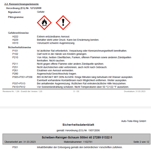 Cartechnic Scheibenreiniger-Schaum Aktivschaum Glasreiniger Reinigungspray 500ml