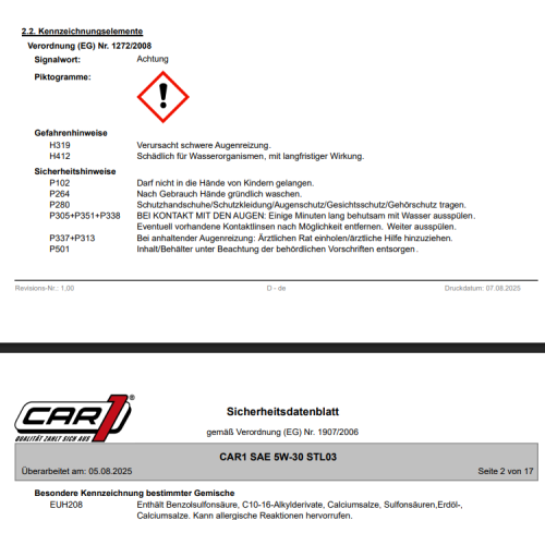 Motor&ouml;l Motoren&ouml;l CAR1 SAE 5W-30 STL03 - 1 Liter Flasche CO 1167
