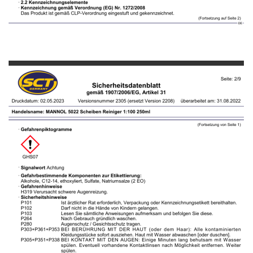 Mannol Scheiben Reiniger Konzentrat Sommer 1:100 250ml 5022