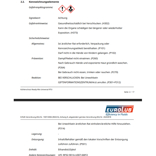 EUROLUB Kühlerfrostschutz RTU Ready-Mix UNIVERSAL 20 Liter 20 L Kanister 832020