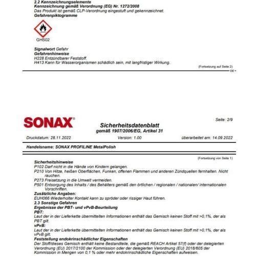 SONAX PROFILINE METAL POLISH, CHROMPOLITUR 250ML 02041410