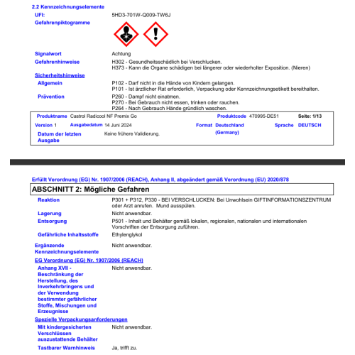 Castrol Radicool NF Premix Go K&uuml;hlerfrostschutz -37 C gebrauchsfertig 1 Liter