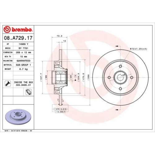 BREMBO Bremsscheibe PRIME LINE - With Bearing Kit 08.A729.17