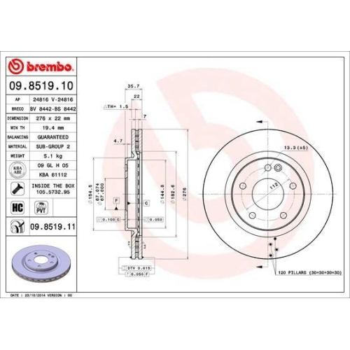 BREMBO Bremsscheibe PRIME LINE - UV Coated 09.8519.11