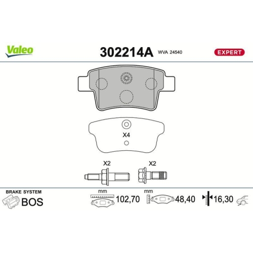 VALEO Bremsbelagsatz, Scheibenbremse EXPERT 302214A