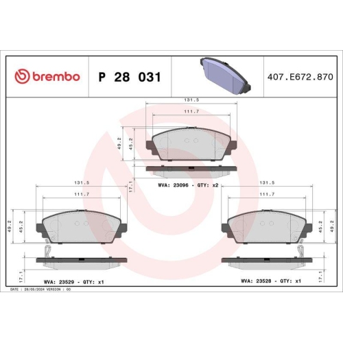 BREMBO Bremsbelagsatz, Scheibenbremse PRIME LINE P 28 031