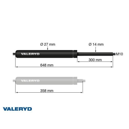 Gasfeder Arctic L = 648 mm, L zusammengedr&uuml;ckt = 358 mm, 250N, &Oslash;27/14 mm, M10