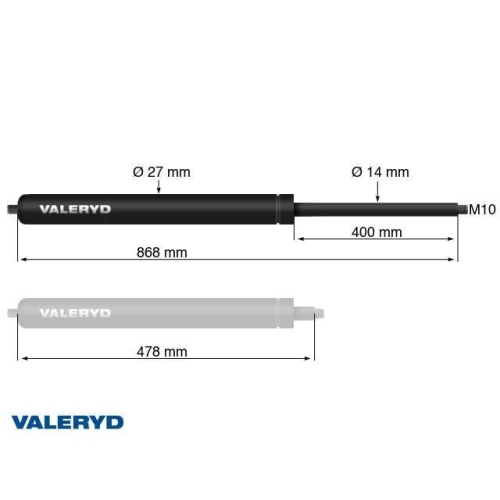 Gasfeder Arctic L = 868 mm, L zusammengedr&uuml;ckt = 478 mm, 500N, &Oslash;27/14 mm, M10