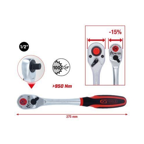 KS Tools 1/2 Zoll Chrom-Vandium-Stahl Umschaltknarre 275 mm 935.1290