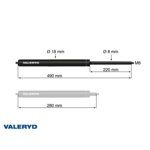 Gasfeder Arctic L = 490 mm, L zusammengedr&uuml;ckt = 280 mm, 100N, &Oslash;18/8 mm, M6