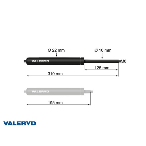 Gasfeder Arctic L = 310 mm, L zusammengedr&uuml;ckt = 195 mm, 400N, &Oslash;22/10 mm, M8