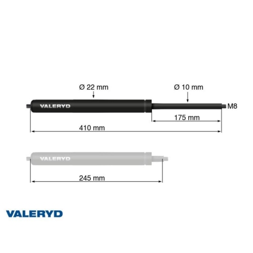 Gasfeder Arctic L = 410 mm, L zusammengedr&uuml;ckt = 245 mm, 450N, &Oslash;22/10 mm, M8