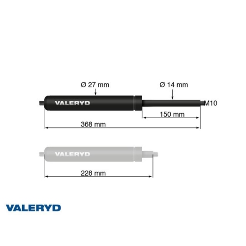 Gasfeder Arctic L = 368 mm, L zusammengedr&uuml;ckt = 228 mm, 250N, &Oslash;27/14 mm, M10