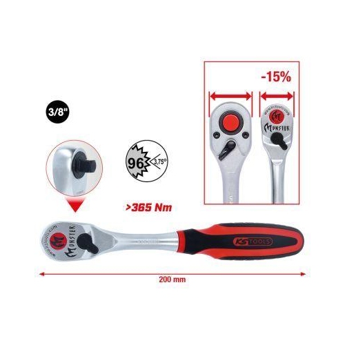KS Tools 3/8 Zoll Chrom-Vandium-Stahl Umschaltknarre 198 mm 935.3890