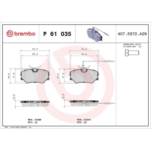 BREMBO Bremsbelagsatz, Scheibenbremse PRIME LINE P 61 035
