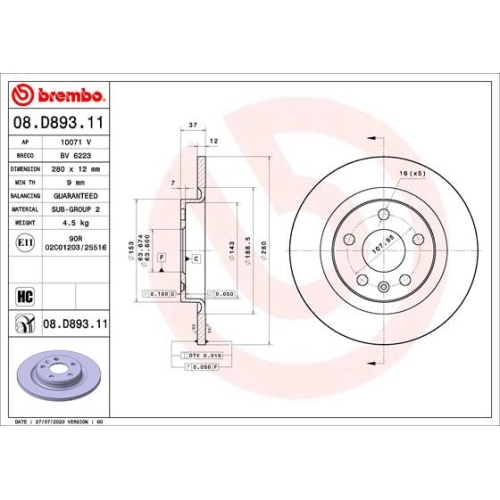 BREMBO Bremsscheibe PRIME LINE - UV Coated 08.D893.11