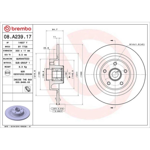 BREMBO Bremsscheibe PRIME LINE - With Bearing Kit 08.A239.17