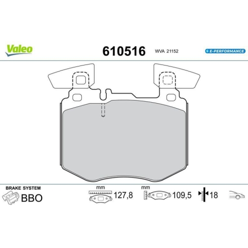 VALEO Bremsbelagsatz, Scheibenbremse E-PERFORMANCE 610516