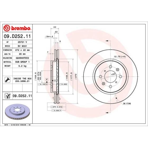BREMBO Bremsscheibe PRIME LINE - UV Coated 09.D252.11