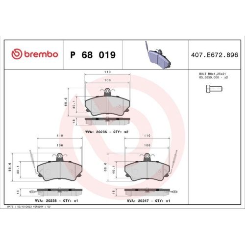 BREMBO Bremsbelagsatz, Scheibenbremse PRIME LINE P 68 019