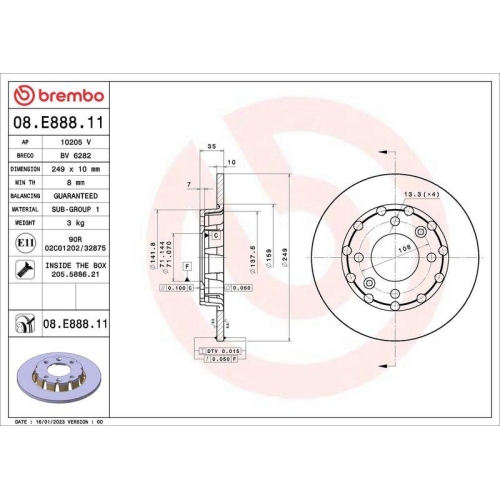 BREMBO Bremsscheibe PRIME LINE - UV Coated 08.E888.11