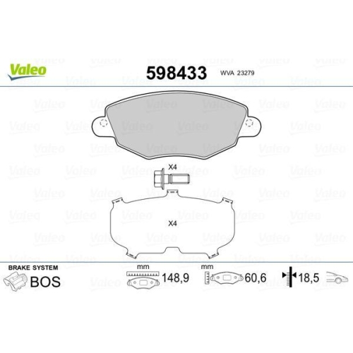 VALEO Bremsbelagsatz, Scheibenbremse 598433
