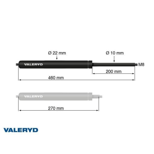 Gasfeder Arctic L = 460 mm, L zusammengedr&uuml;ckt = 270 mm, 450N, 22/10 mm, M8