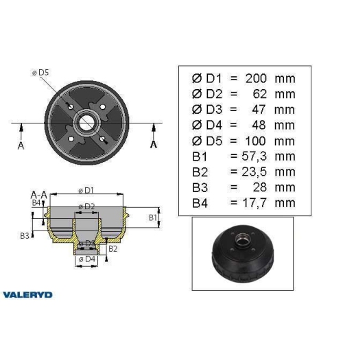 Bremstrommel 200x50 4x100 AL-KO inkl. mm-Radlager Anh&auml;nger Valeryd 1090033