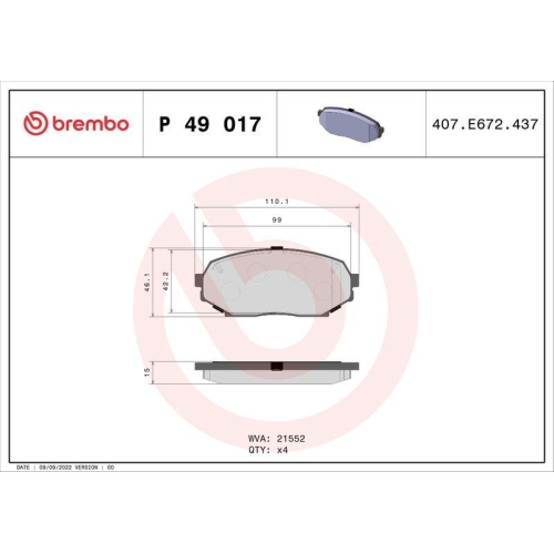 BREMBO Bremsbelagsatz, Scheibenbremse PRIME LINE P 49 017