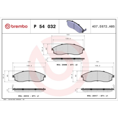 BREMBO Bremsbelagsatz, Scheibenbremse PRIME LINE P 54 032