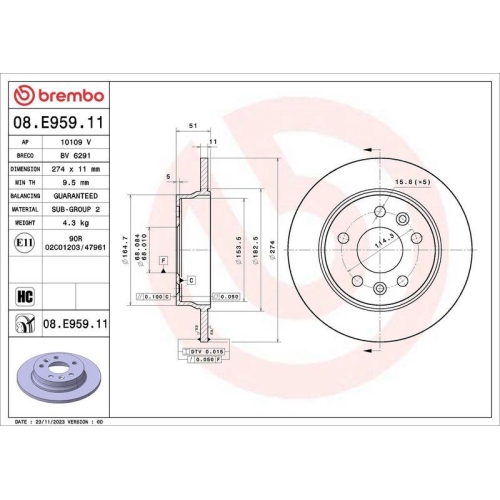 BREMBO Bremsscheibe PRIME LINE - UV Coated 08.E959.11