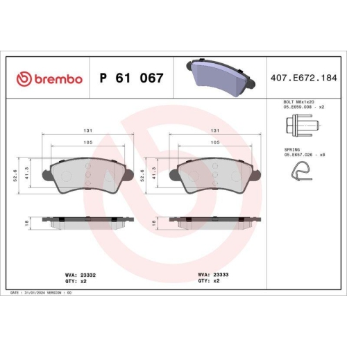 BREMBO Bremsbelagsatz, Scheibenbremse PRIME LINE P 61 067