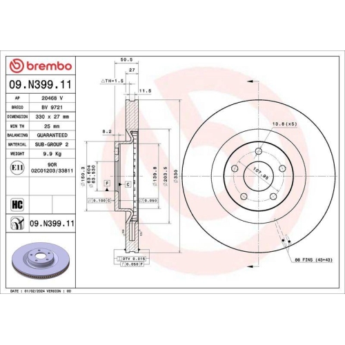 BREMBO Bremsscheibe PRIME LINE - UV Coated 09.N399.11