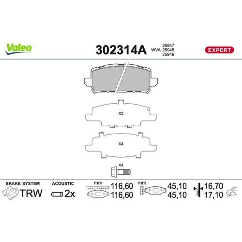 VALEO Bremsbelagsatz, Scheibenbremse EXPERT 302314A