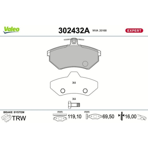 VALEO Bremsbelagsatz, Scheibenbremse EXPERT 302432A
