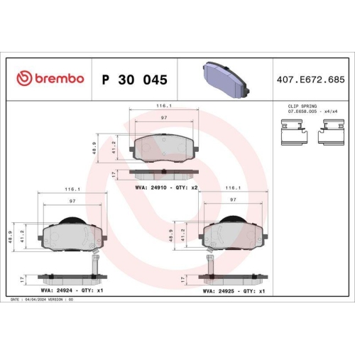 BREMBO Bremsbelagsatz, Scheibenbremse PRIME LINE P 30 045