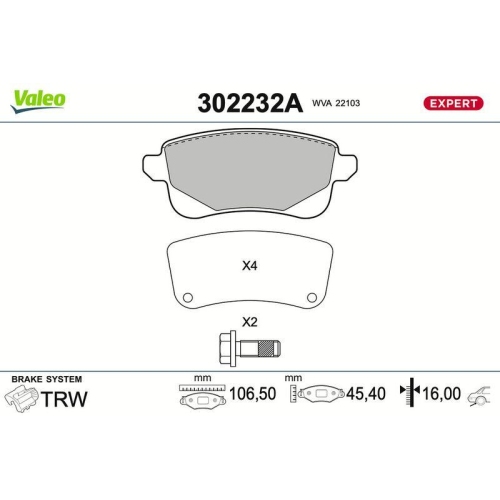 VALEO Bremsbelagsatz, Scheibenbremse EXPERT 302232A