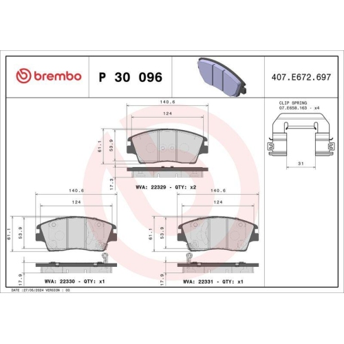 BREMBO Bremsbelagsatz, Scheibenbremse PRIME LINE P 30 096