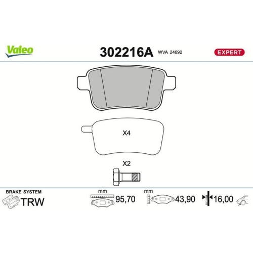 VALEO Bremsbelagsatz, Scheibenbremse EXPERT 302216A