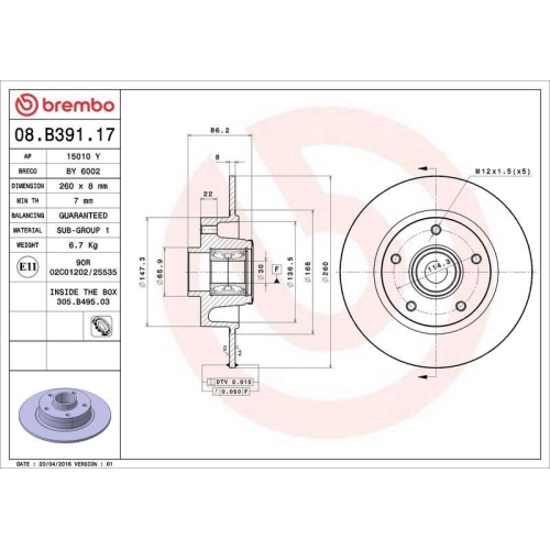 BREMBO Bremsscheibe PRIME LINE - With Bearing Kit 08.B391.17