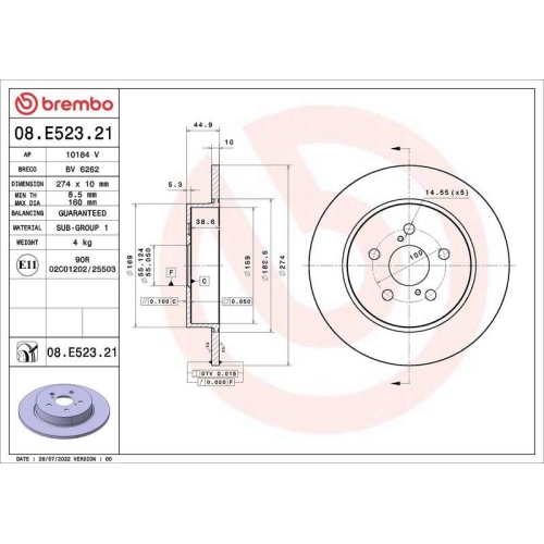 BREMBO Bremsscheibe PRIME LINE - UV Coated 08.E523.21