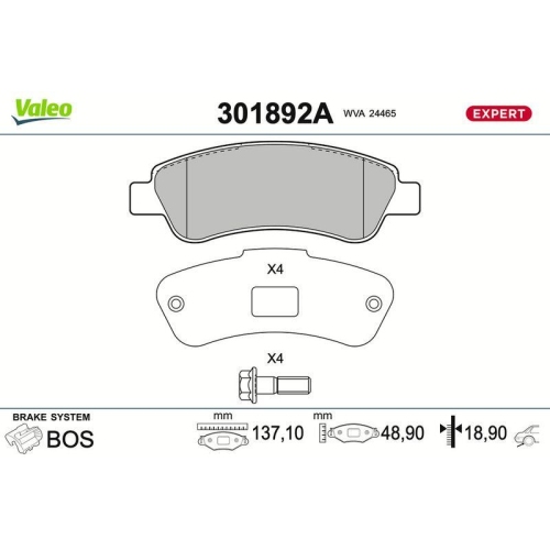 VALEO Bremsbelagsatz, Scheibenbremse EXPERT 301892A