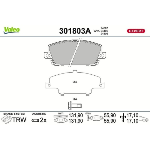 VALEO Bremsbelagsatz, Scheibenbremse EXPERT 301803A