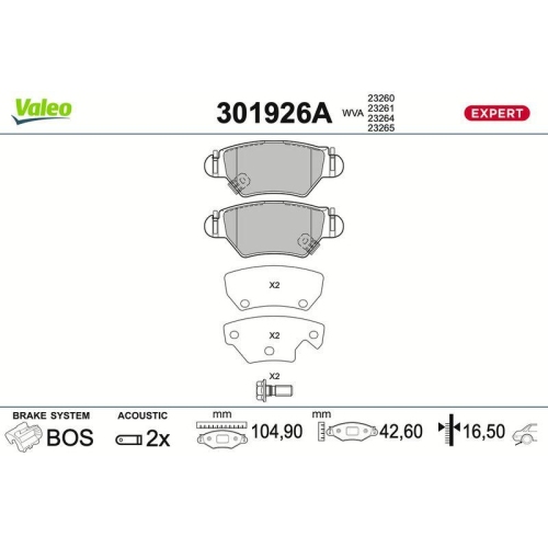 VALEO Bremsbelagsatz, Scheibenbremse EXPERT 301926A
